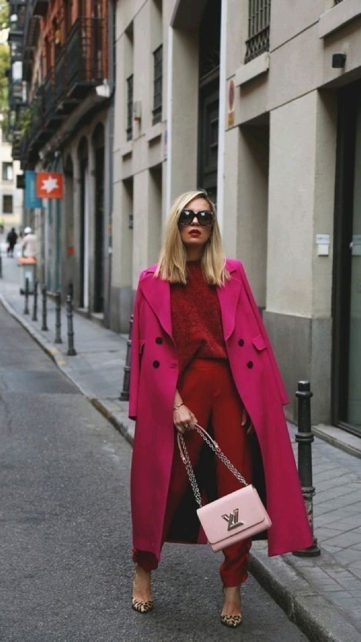 Monochrome Red Look with a Pink Trench Coat